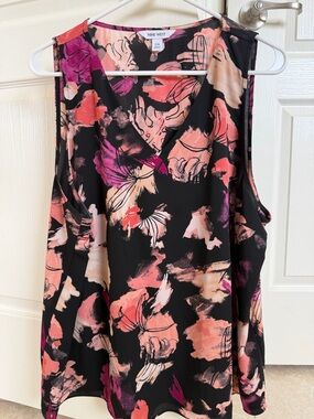 Nine West Black Floral Abstract Sleeveless Top with Coral and Pink Accents